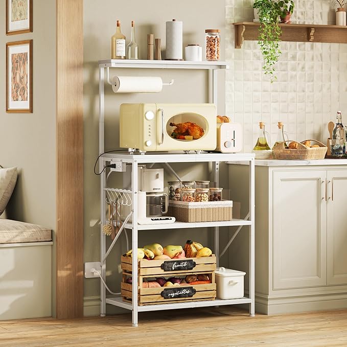 Huuger 4-Tier Bakers Rack with Reversible Power Outlet, 23.6 Inch Microwave Stand with Paper Towel Holder, Kitchen Bar, Larger Storage with Top Shelf, 6 S Hooks, White