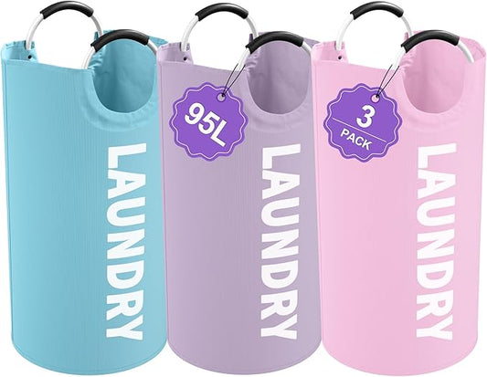3PCS 95L Laundry Basket, Collapsible Clothes Hamper with Handle, 600D Oxford Cloth Laundry Bin, Stand-alone Dirty Clothes Hamper for Livingroom, Bedroom, Family, Pink+Blue+Purple
