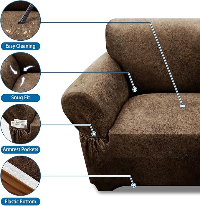 Oversized Sofa Slipcover Leather Look Couch Cover for 4 Seater Sofa 1-Piece Sofa Cover Stretch Furniture Protector with Elastic Bottom & Pockets(XL Sofa, Brown)