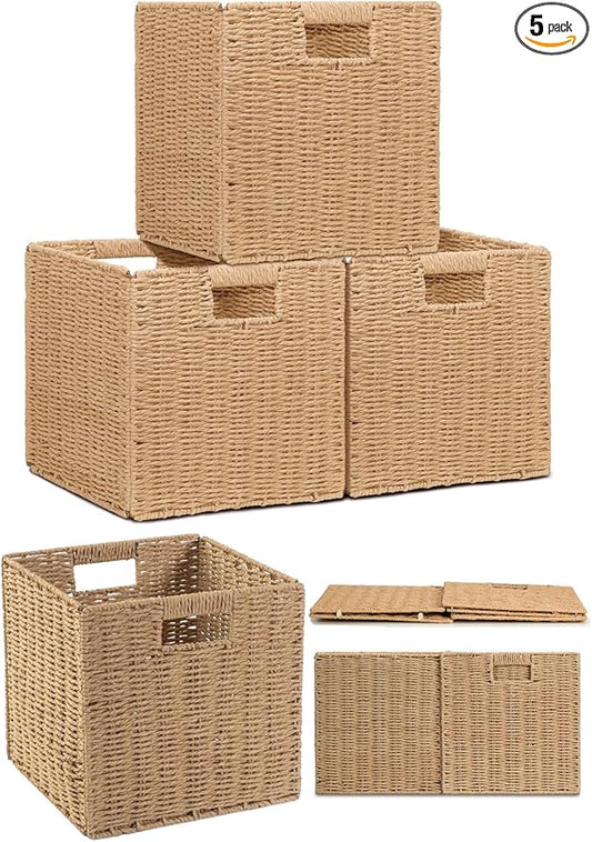 10.5x10.5'' Cube Storage Baskets, Set of 5 Natural Paper Rope Multipurpose Collapsible Organizers, Woven Laundry Totes for Laundry, Storage Cubes,Wicker Baskets Laundry Organizer Totes for Home