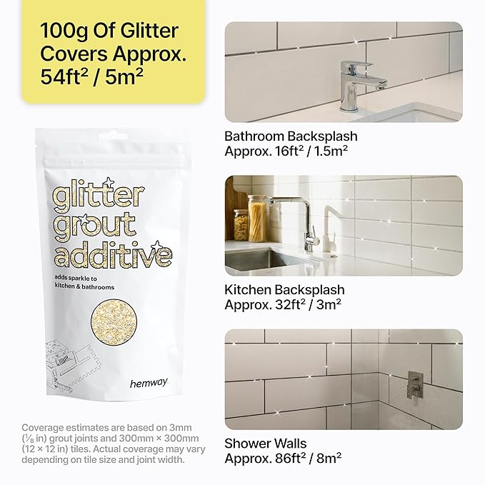 Hemway | Glitter Grout Tile Additive 100g for Tiles Bathroom Wet Room Kitchen | Easy to use - Add / Mix with Epoxy Resin or Cement Based Grout | Temperature Resistant (Champagne)
