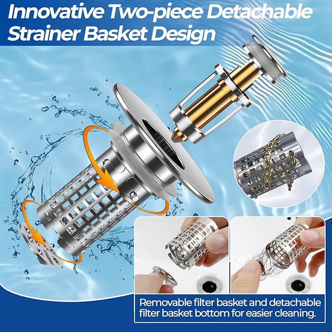 Bathroom Sink Drain Strainer, Stainless Steel Pop-up Strainer Basket Hair Catcher with Removable Basket, Brass Bullet Core, Universal Fit 1.1-2.36 Inch (4PCS)