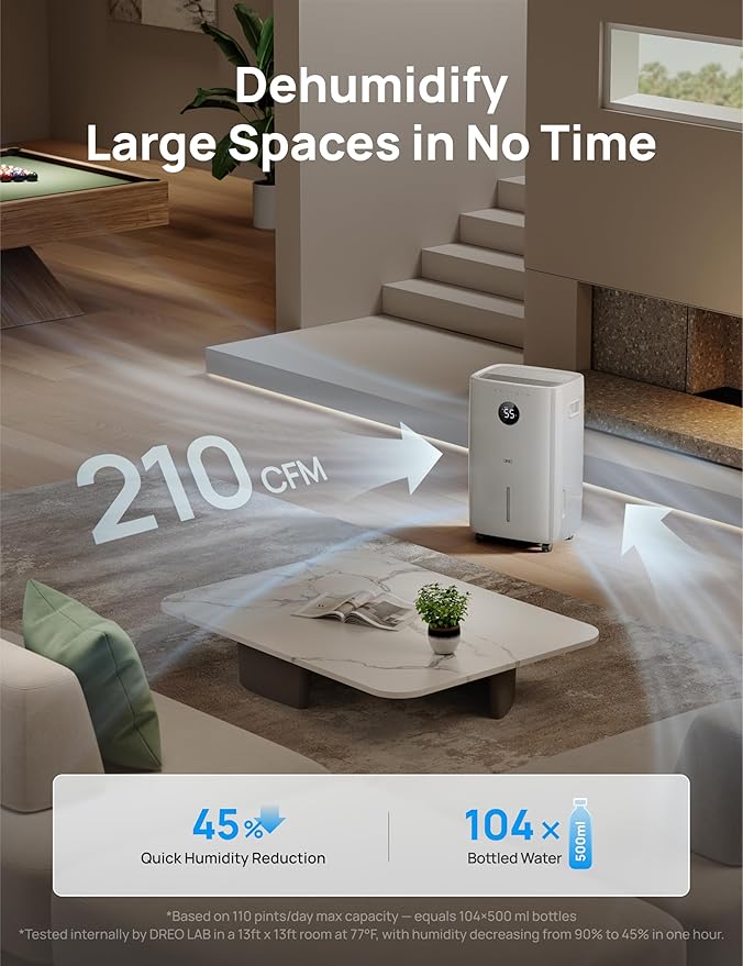 DREO 110-Pint Smart Dehumidifier for Basement, 4500 Ft² for Large Room, 2 Gallon Water Tank, Auto/Comfort/Constant Mode Dehumidifiers for Home, Bedroom, Bathroom, with Drain Hose, White, 711S