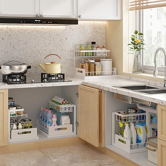 Modern kitchen with open cabinets revealing organized storage solutions.