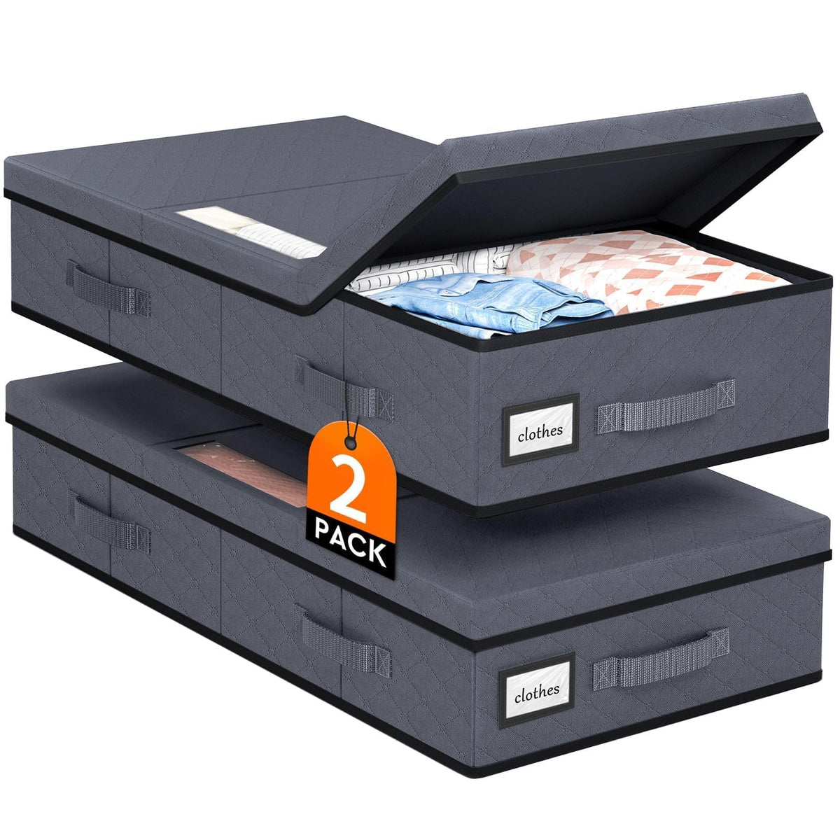Under Bed Storage Containers with Lids, 2 Pack Foldable Grey - Image 1