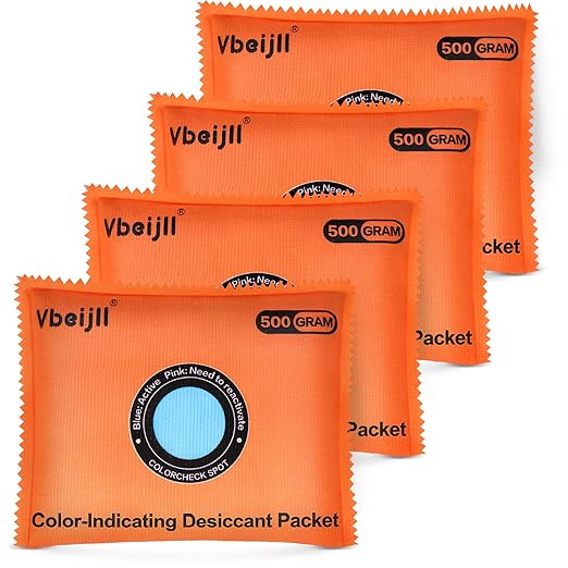 500 Gram (4 Pack) Color-Indicating Desiccant Packs for Storage, Rechargeable Silica Gel Packets, Dehumidifier for Cars, Gun Safe, 3D Filaments, Safe, Electronics