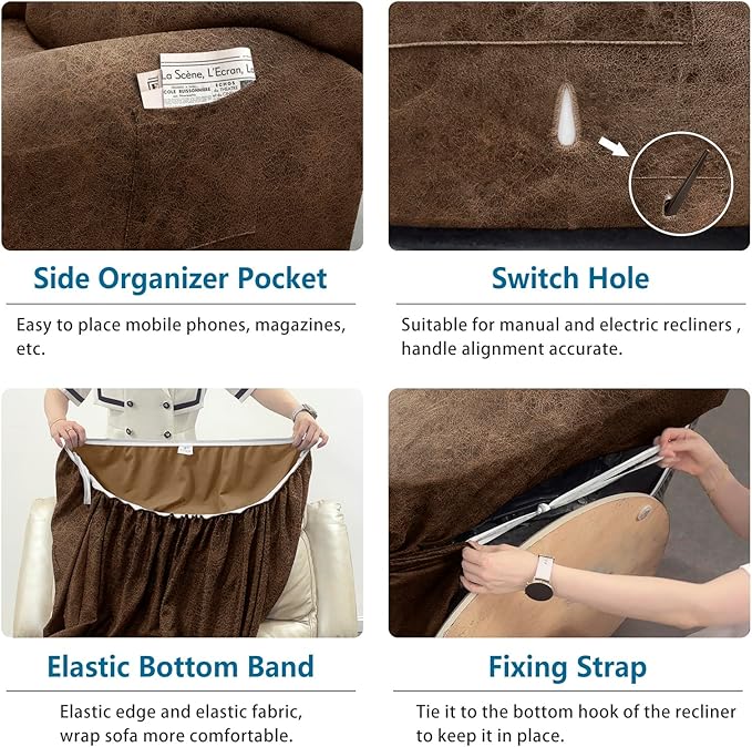 Chair Covers 4-Pieces Recliner Chair Covers 1 Seater Cover for Recliner Chair Leather Look Recliner Slipcovers with Pockets Spandex Fabric Furniture Covers(XL Recliner, Light Brown)