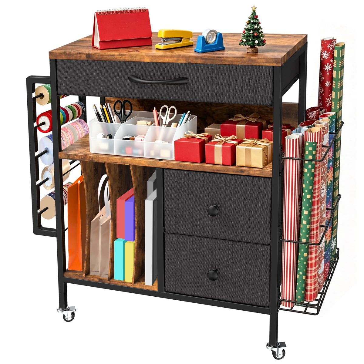 Wrapping Paper Storage Cart, Rolling Gift Wrap Station - Image 1