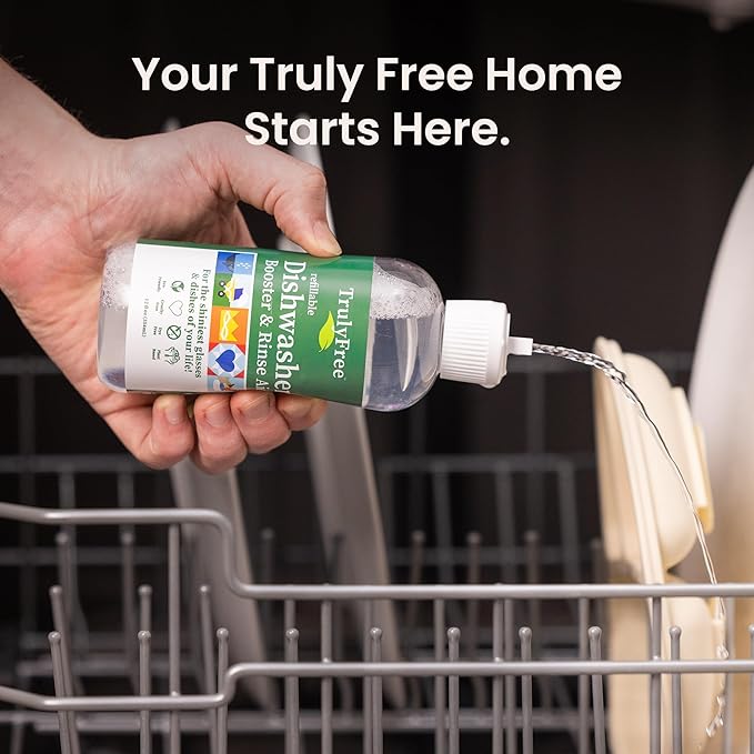 Truly Free Natural Dishwasher Booster & Rinse Aid - Non-Toxic Dishwashing Aid Formula, Removes Residue & Tough Dish Stains, Water Spot Remover - Pack of 3