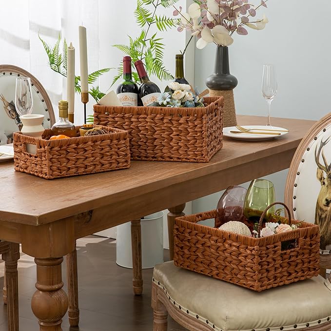 Set of 3 Wicker Storage Baskets, Decorative Baskets With Built-in Handles, Multipurpose Nesting Countertop Baskets for Shelves, Kitchen Organizers, Pantry, Bathroom, Toilet, Closet (Natural)
