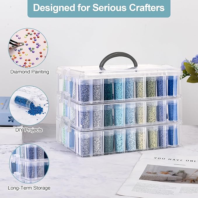 Diamond Painting Storage Container, 3-Tier Bead Organizer Box with 150 Slots, Stackable Crafts Organizers for DIY Diamond Art Craft Jewelry Bead Storage