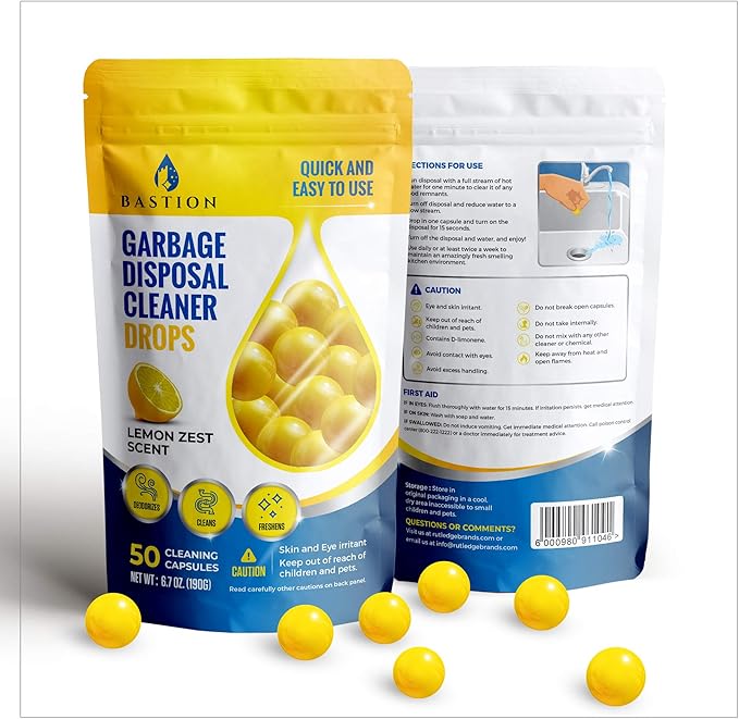 Garbage Disposal Cleaner & Deodorizer Bundle. 1 X 50 Count Pack of Bastion Disposer Balls + 1 X 24-Count Box of Enzyme Enhanced Deep-Cleaning Foaming Disposal Scrubbing Packets.