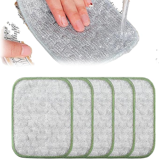 Multipurpose Wire Dishwashing Rags for Wet and Dry, Upgraded Reusable Steel Wool Scrubber 2-Layer Microfiber Wire Dishcloth, Multifunctional Dish Rags for Kitchen, Pots, Pans, Sinks (5)