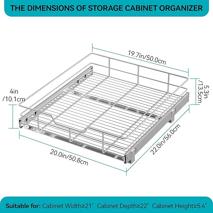 Pull Out Cabinet Organizer 20" W X 22" D, Slide Out Drawers For Kitchen Organizers and Storage, Pull Out Drawers For Cabinets Capacity Heavy Duty Caddy, Cabinet Shelves Chrome-Plated, Bathroom Pantry
