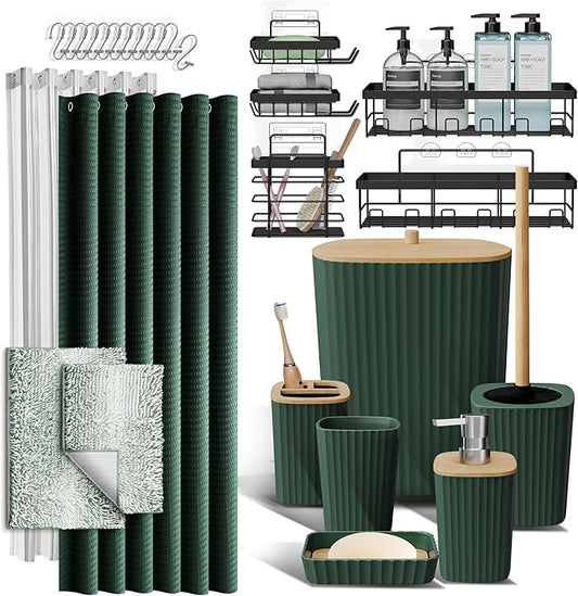 Clara Clark Bathroom Accessories Set - 27PC Bathroom Set with Adhesive Corner Shower Caddy Hanging, Bathroom Sets with Shower Curtain and Rugs, Ombre Green Shower Curtain Set with Bathroom Trash Can
