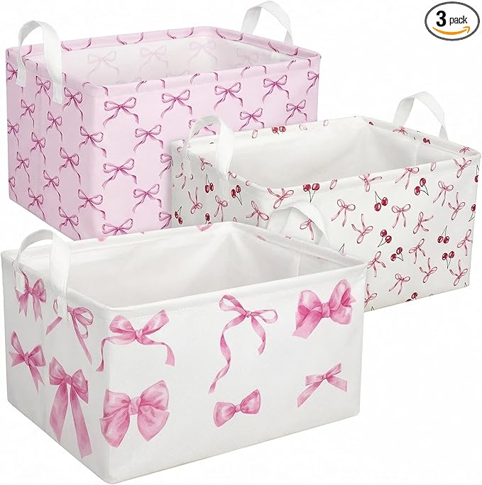 3 Pcs Pink Bow Storage Basket, Coquette Girls Rectangle Storage Bins Box with Handles, Bows and Chery Shelf Basket Ideal for Room Nursery Decor, Books, Organizing Clothes, Toys