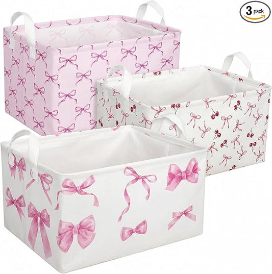 3 Pcs Pink Bow Storage Basket, Coquette Girls Rectangle Storage Bins Box with Handles, Bows and Chery Shelf Basket Ideal for Room Nursery Decor, Books, Organizing Clothes, Toys