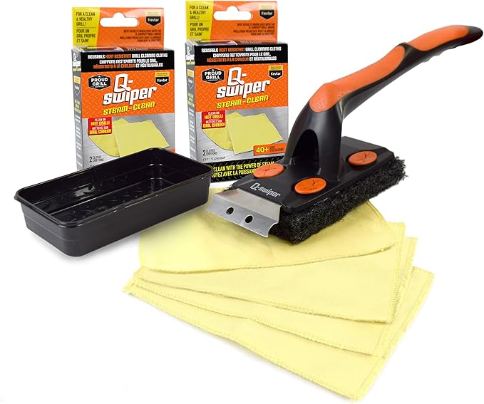 Q-Swiper XL Steam-Clean Grill Cleaning Value Set | Bristle-Free Brush with Scraper | Dipping Tray, 4 Kevlar® Heat Resistant Cleaning Cloths | Safe Way to Steam Away BBQ Grill Grease & Grime