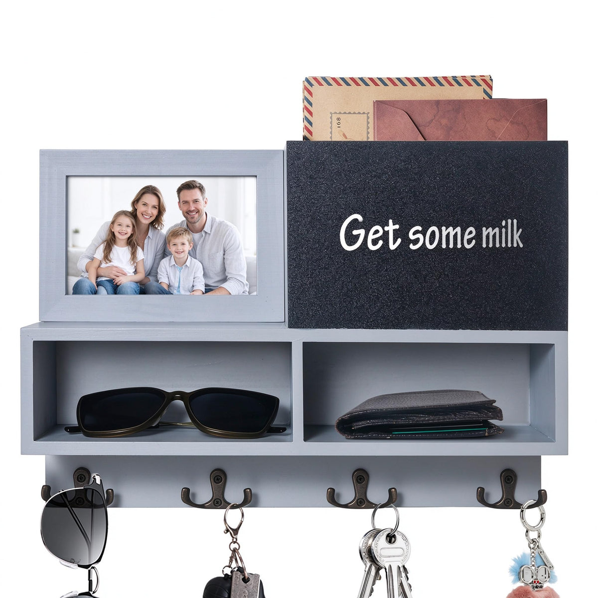 Wall Key and Mail Holder with Chalkboard & Magnetic Photo Frame - Image 1