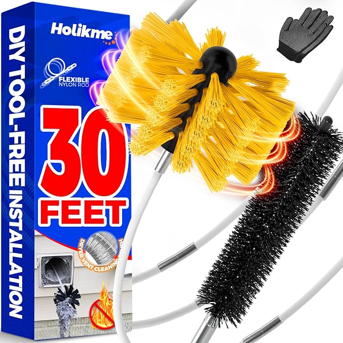 Holikme 30 Feet Dryer Vent Cleaner Kit,Flexible Lint Brush with Drill Attachment, Extends Up to 30 Feet for Easy Cleaning, Synthetic Brush Head, Use with or Without a Power Drill, Yellow