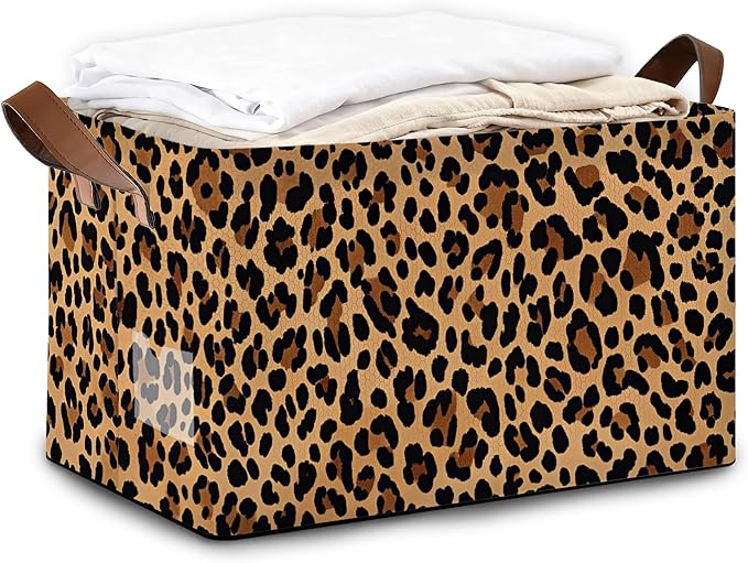 Storage Bin with Handles, Leopard Print Collapsible Laundry Baskets for Books, Laundry - Use in Nursery, Closet Organizers and Storage, Blanket Basket