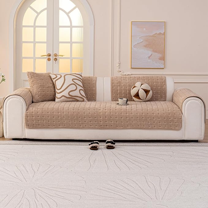 Velvet Sofa Covers Washable, Plush Warm Couch Cover for Sectional Sofa, Funny Fuzzy Couch Covers for Pets&Kids, Non-Slip Sectional Sofa Cover(1PC, Khaki, 35.4"×82.7", Large Sectional)