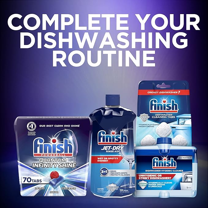 Bundle of Finish Quantum Infinity Shine - 70 Count - Dishwasher Detergent + Jet-Dry Rinse Aid + Dishwasher Cleaner - Liquid Fresh