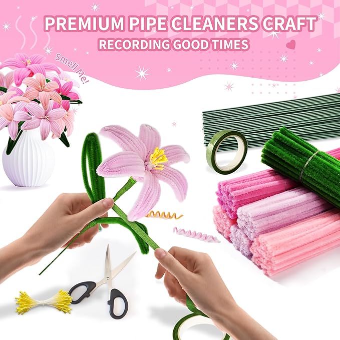 POMBUDS Lily Scented Pipe Cleaner Flower Craft Kit (Pink Theme) – 400 Chenille Stems, 20 Green Floral Stems, 2 Rolls Floral Tape, Yellow Stamens & Instruction Guide for DIY Bouquets and Decorations