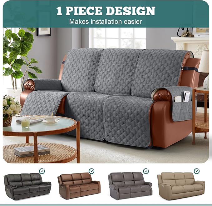 Ruaozz Waterproof Recliner Couch Covers, Sofa Slipcovers Washable 1-Piece Reclining Sofa Covers Non-Slip Furniture Protector with Elastic Straps Pocket for Kids Pets (Dark Grey, 3 Seater)