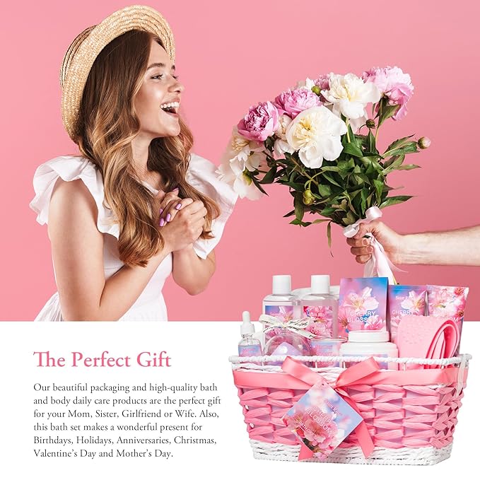 12 Pcs Bath & Body Gift Set Basket for Women, Cherry Blossom Bath and Body Gift, spa kit Skin Care Set, Self Care Pampering Kit, Diffuser, Home Spa, cosmetic Bag, Birthday, Mother Day, Bridal Shower