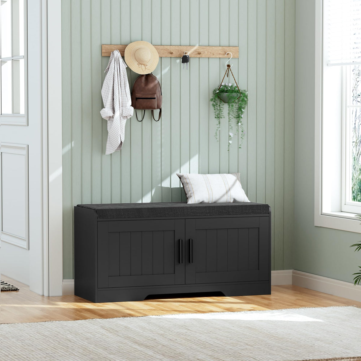 Shoe Storage Bench, 2 Doors & Thickened Padded Seat Cushion - Image 1