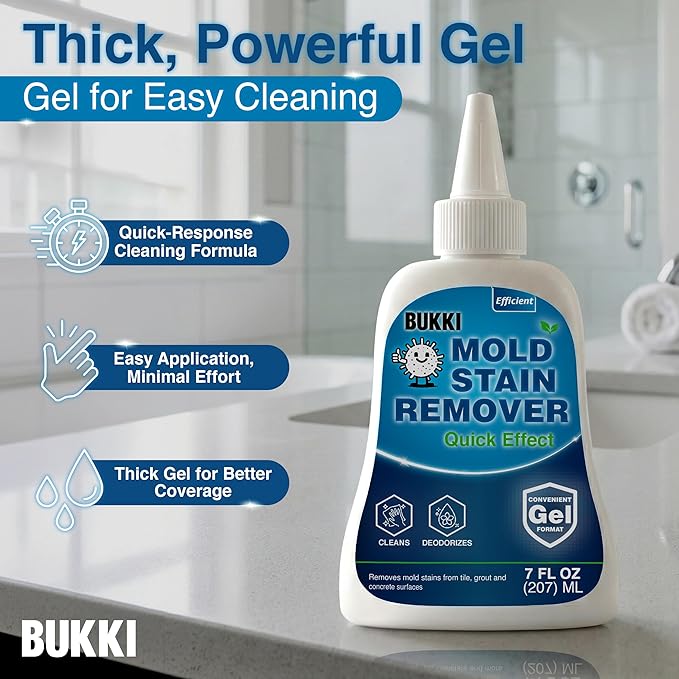 BUKKI Mold Stain Remover Gel 7 FL OZ (150 g), Heavy Duty Thick Cleaning Gel for Shower Grout, Washer Seals, Caulking, Bathrooms, Sinks, Concrete. Stain Cleaner Surface Gel