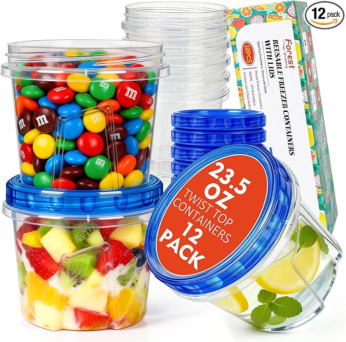 12 Pack 23.5 oz Reusable Freezer Storage Containers with Twist Top Lids Airtight, Leakproof Plastic Soup Freezer Container, Food Storage Containers for Meal Prep Leftover Fruit Microwave Freezer Safe