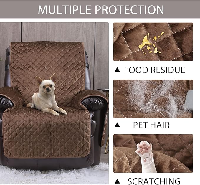 Velvet Recliner Covers Non Slip Waterproof Large Recliner Chair Covers for Leather Chairs Reversible Recliner Sofa Cover for Living Room Recliner Furniture Protectors Covers for Dog Pets Brown 23"