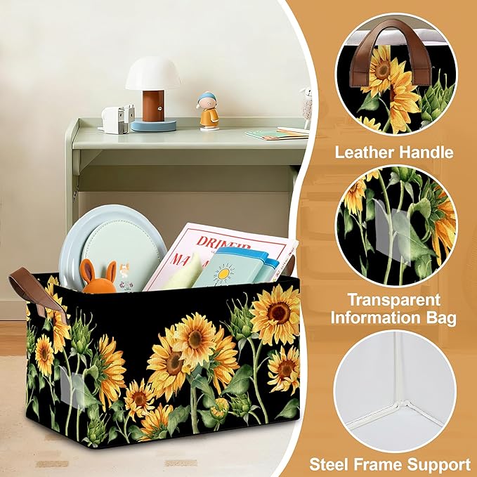 Storage Bin with Handles, Sunflowers Collapsible Laundry Baskets for Books, Laundry - Use in Nursery, Closet Organizers and Storage, Blanket Basket