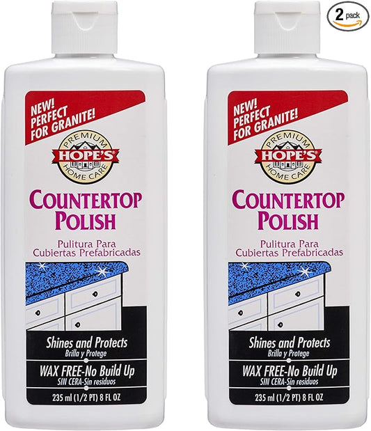 HOPE'S Countertop Restoration Polish, Streak-Free Kitchen Counter Cleaner, No Buildup on Countertops, Quartz, Marble, Corian, Composite, and Granite Polish, 8 Fl Oz, Pack of 2