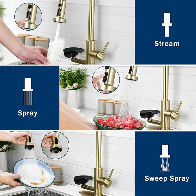 Kitchen Faucet with Glass Rinser, Pull Down Sink Faucet with 3 Spray Modes and High Pressure Glass Rinser, Single Hole 2 in 1 High Arc Stainless Steel Kitchen Faucets (Brushed Golden)
