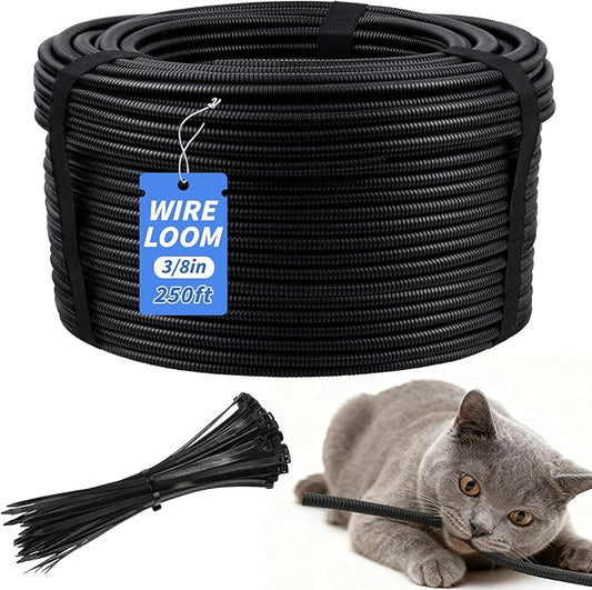 250FT Split Wire Loom Tubing, 3/8 Inch Wire Protector Tubing, Automotive Wire Flexible Conduit Cord Covers with 20 Cable Ties for Automotive Marine RV Agriculture Electrical Cable Protection