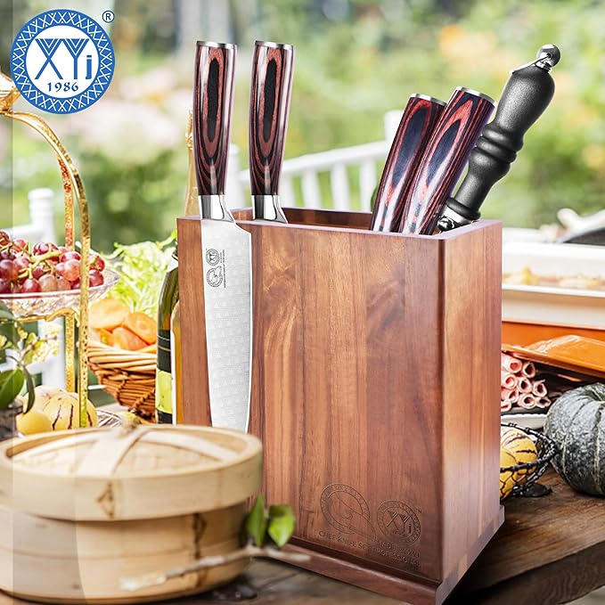 XYJ Magnetic Knife Block Holder,Double Side Magnetic Knife Stand,Acacia Wood,Extra Large Capacity Magnet Knife Storage for Knives and Utensils,Kitchen Organizer Rack Tool Without Knives
