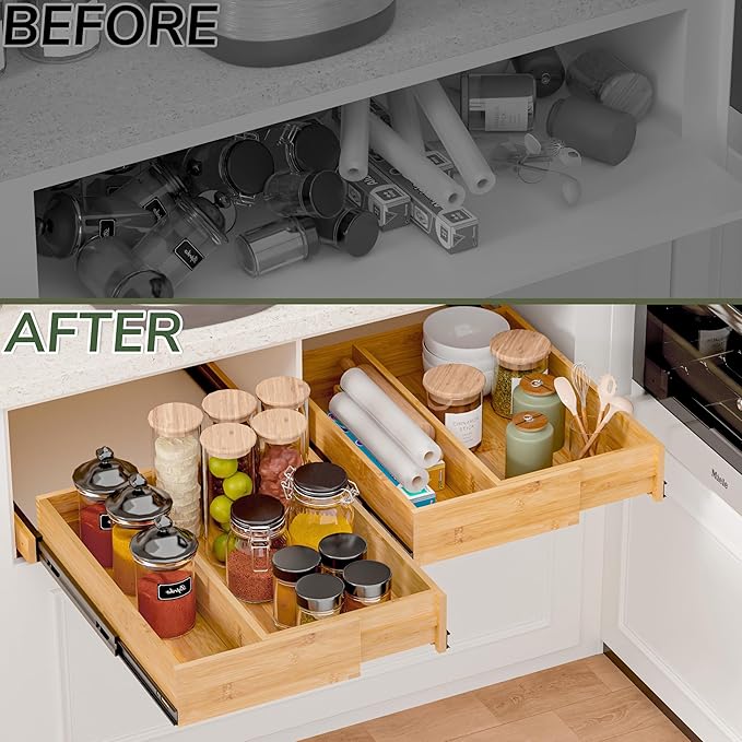 BAMEOS Expandable Pull-Out Cabinet Organizer – 14" to 20" Adjustable Width, Soft-Close Drawers for Kitchen, Pantry, Bathroom & Under Sink, 2-Pack Wooden Storage, 21" Depth, 66 lbs Capacity
