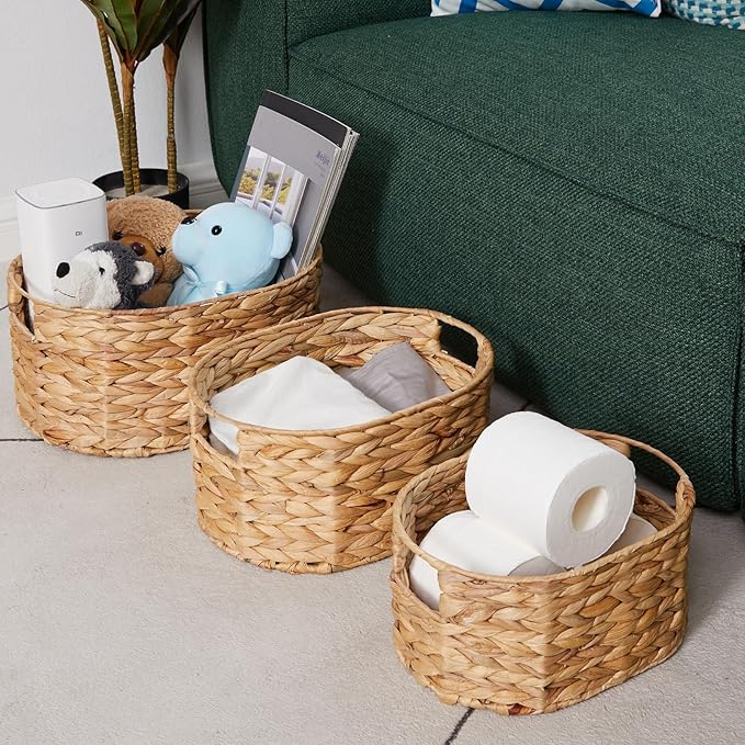 Vagusicc Wicker Basket, 3-Pack Hand-Woven Water Hyacinth Wicker Storage Basket with Handles, Large Woven Storage Baskets for Shelves, Round Storage Baskets for Organizing & Decor