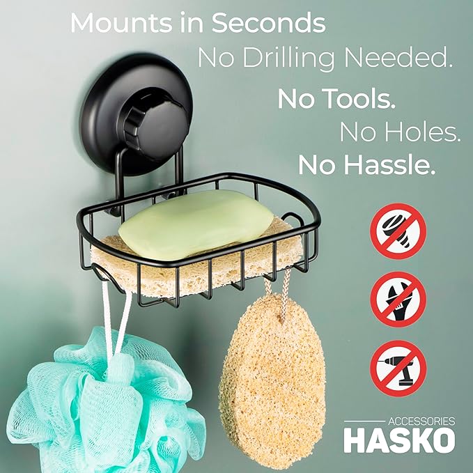 HASKO 2 Pack Suction Cup Soap Dish for Shower Wall, Rustproof Stainless Steel, Shower Soap Holder with Hooks, Includes Optional No Drill Adhesive Mount for Bathroom, 2 Soap Savers, Black