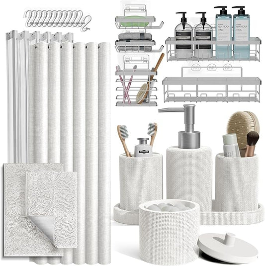 Clara Clark White Bathroom Set - Bathroom Sets with Shower Curtain and Rugs, 26PC Bathroom Accessory Set, Shower Curtain Set with Adhesive Corner Shower Caddy Hanging & Soap Dispenser