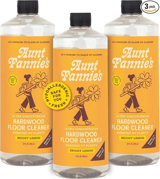 Aunt Fannie's Ultra Concentrated Hardwood Floor Cleaner, Vinegar-Free Plant Based Solution for Mopping, Bright Lemon Scent, 32 oz. (Pack of 3)
