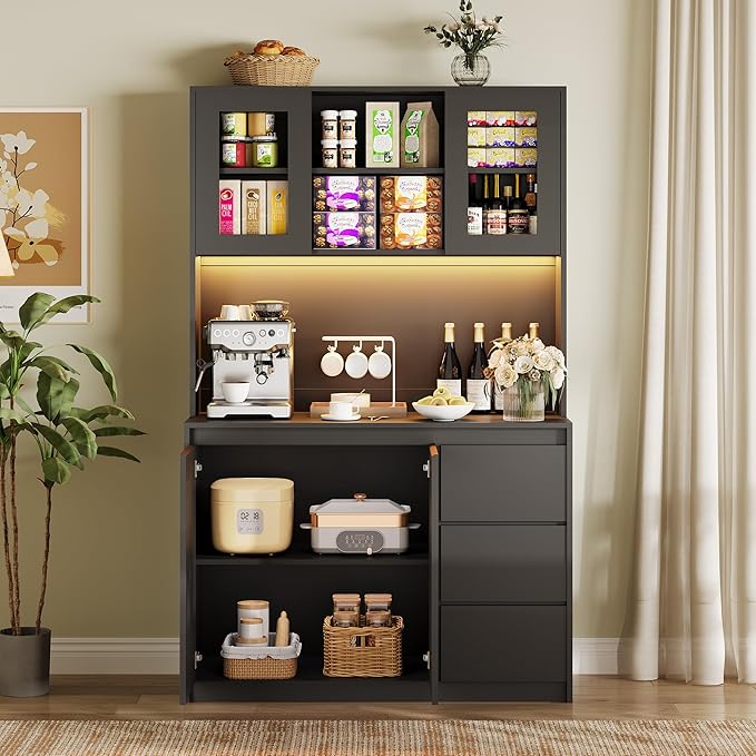 Garvee Kitchen Pantry Cabinet,71 in Tall Storage Cabinet with Doors and Shelves Adjustable, Kitchen Storage Hutch with Microwave Shelf, Led Lights and Charging Station,Corner Pantry Cabinet, Black
