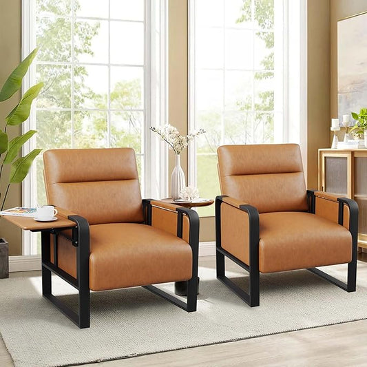 Brown PU Leather Accent Chairs Set of 2 with Side Table Modern Upholstered Armchair Leisure Side Chairs for Living Room Bedroom Office