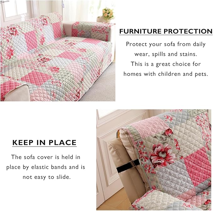 Cmfshape Skidproof Sofa Cover-Patchwork Sofa Slipcover with Elastic Straps-Easy Fit Slip Cover-Rose Washable Furniture Protector for Pets and Kids(Recliner,Pink&Grey)