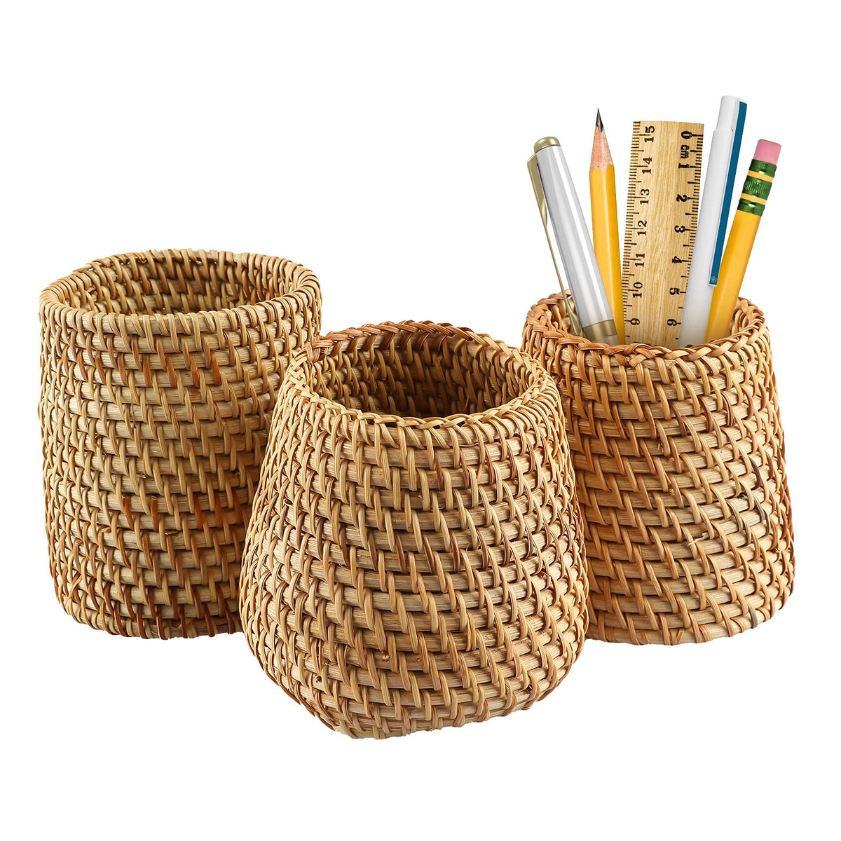 ORYOUGO Set of 3 Rattan Pen Holder Cups Hand Woven Wicker Makeup - Image 1
