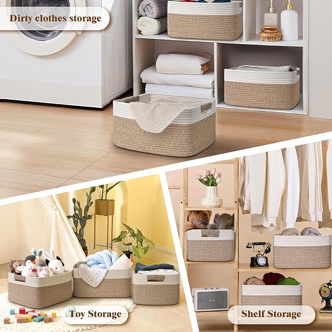3 Pack Large Storage Basket for Organizing, 17.5"x13"x7" Woven Basket for Shelves, Closet Cube Storage Bins with Wrapped Handle, Cotton Rope Baskets for Kitchen, Clothes, Toys(Off White & Brown)