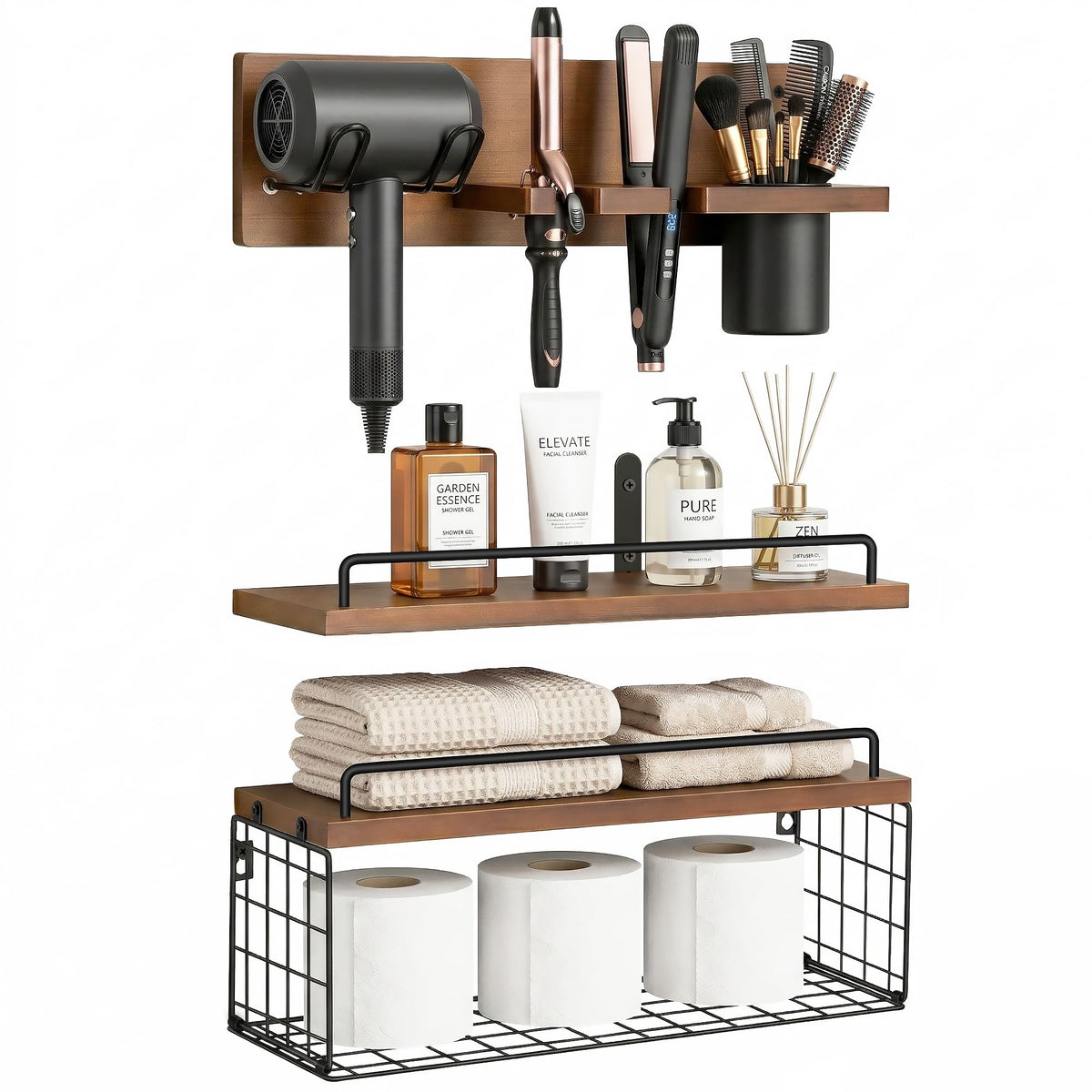3-Tier Bathroom Floating Shelves with Hair Dryer Holder, Brown - Image 1
